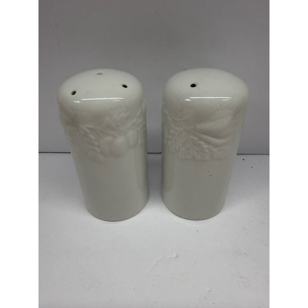Vintage White Ceramic Salt and Pepper Shakers Embossed Fruit Leaf Design Set